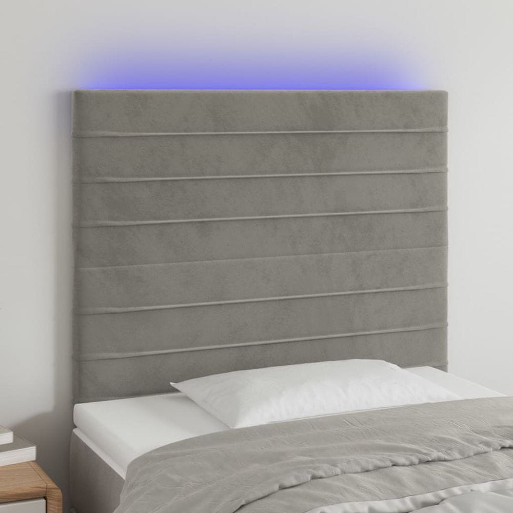 Vidaxl Čelo postele s LED bledosivé 80x5x118/128 cm zamat